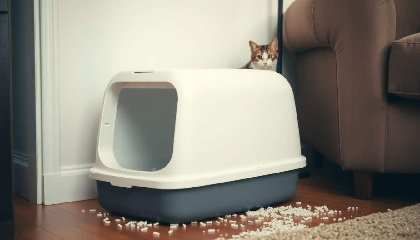 A self-cleaning litter box with scattered litter and a curious cat.