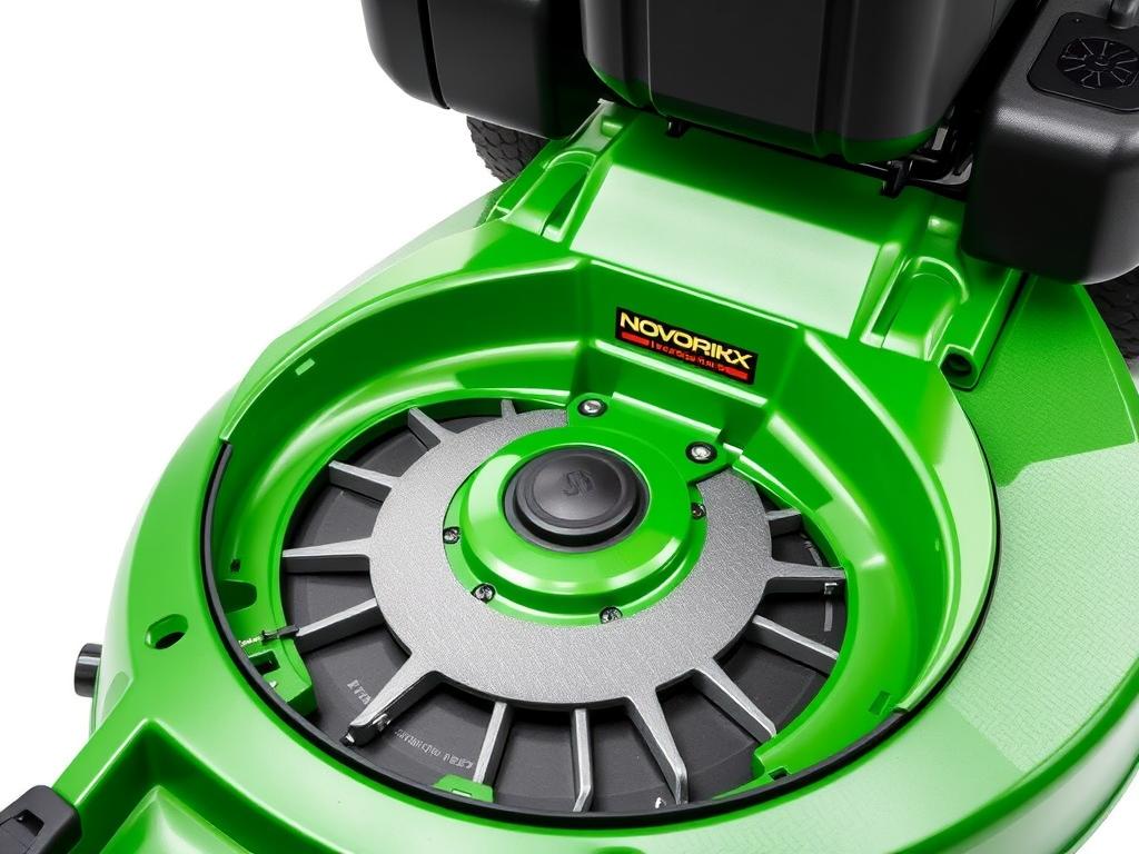 Close-up of the NovorikX 42 Cordless Electric Zero Turn Lawn Mower cutting deck showing the blades Close-up of the NovorikX 42 Cordless Electric Zero Turn Lawn Mower cutting deck showing the blades