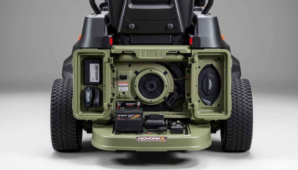 Maintenance view of the NovorikX 42 Cordless Electric Zero Turn Lawn Mower showing accessible components Maintenance view of the NovorikX 42 Cordless Electric Zero Turn Lawn Mower showing accessible components