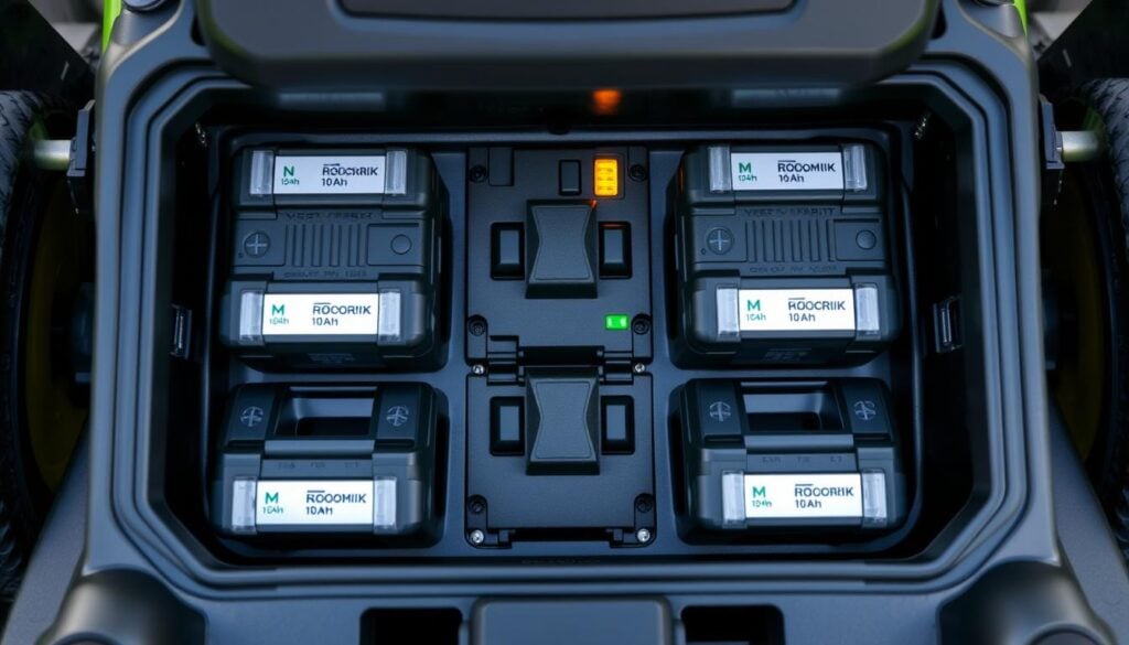NovorikX 42 Cordless Electric Zero Turn Lawn Mower battery system showing the four 10Ah batteries NovorikX 42 Cordless Electric Zero Turn Lawn Mower battery system showing the four 10Ah batteries