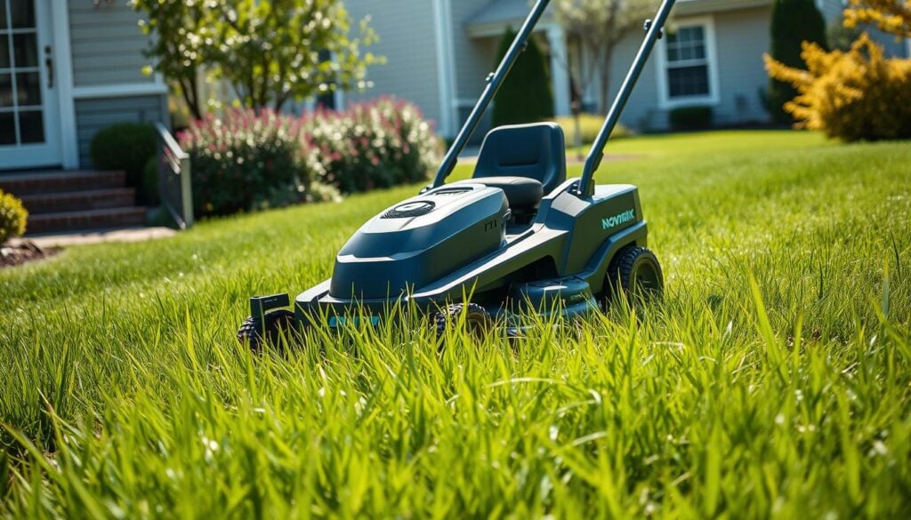 NovorikX 42 Cordless Electric Zero Turn Lawn Mower in action cutting tall grass on a sloped yard NovorikX 42 Cordless Electric Zero Turn Lawn Mower in action cutting tall grass on a sloped yard