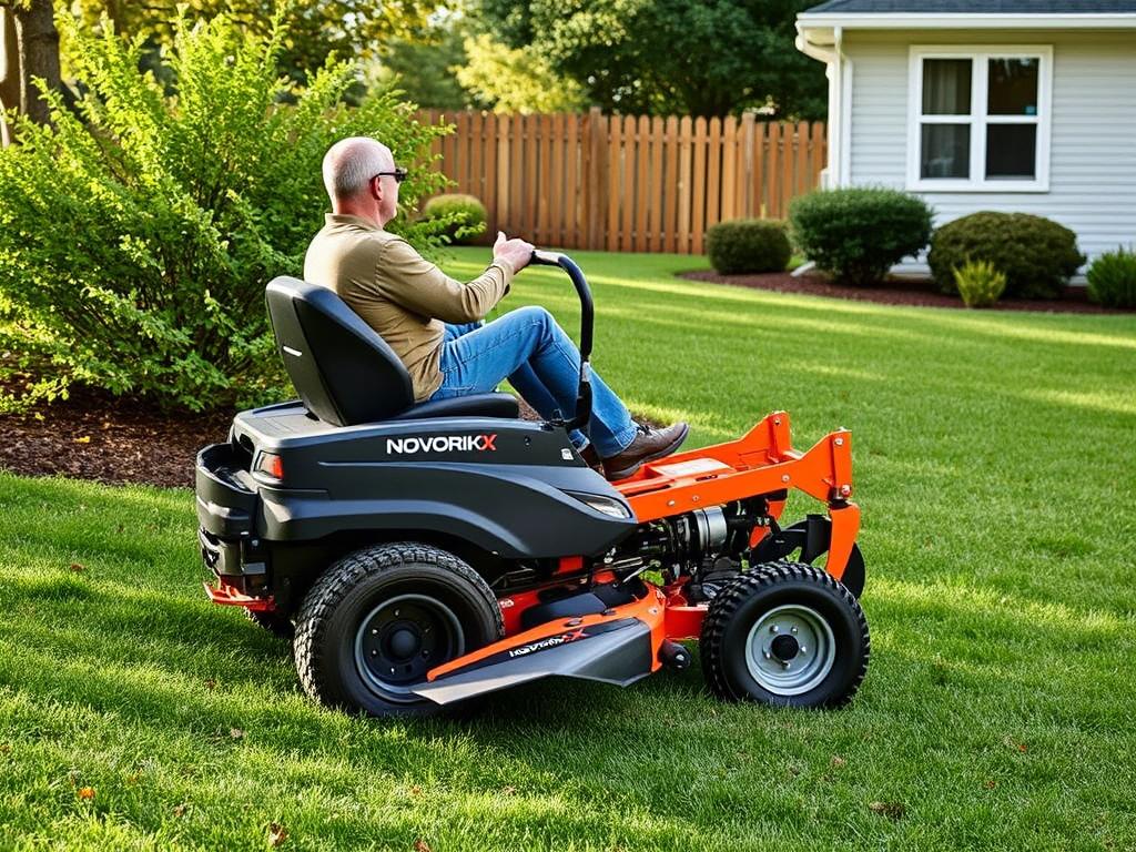 NovorikX 42 Cordless Electric Zero Turn Lawn Mower navigating a sloped yard showing its 15-degree slope capability NovorikX 42 Cordless Electric Zero Turn Lawn Mower navigating a sloped yard showing its 15-degree slope capability
