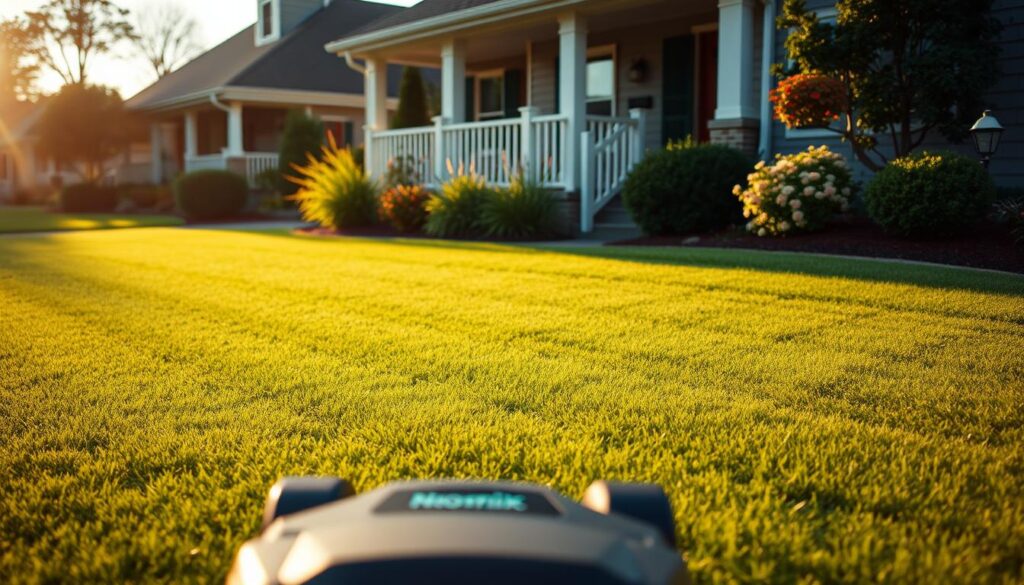 NovorikX 42 Cordless Electric Zero Turn Lawn Mower on a beautifully manicured lawn showing the clean cutting results NovorikX 42 Cordless Electric Zero Turn Lawn Mower on a beautifully manicured lawn showing the clean cutting results