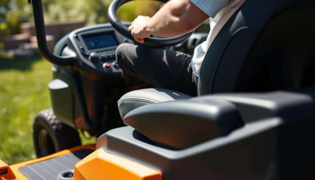Person operating the NovorikX 42 Cordless Electric Zero Turn Lawn Mower showing the control panel and comfortable seat Person operating the NovorikX 42 Cordless Electric Zero Turn Lawn Mower showing the control panel and comfortable seat