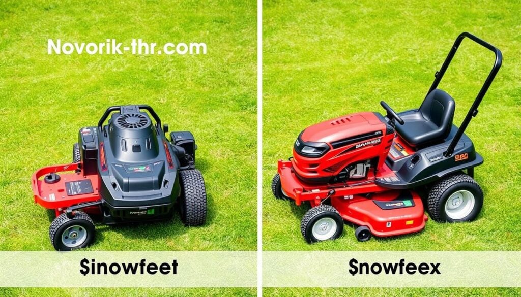 Side-by-side comparison of the NovorikX 42 Cordless Electric Zero Turn Lawn Mower with a traditional gas mower Side-by-side comparison of the NovorikX 42 Cordless Electric Zero Turn Lawn Mower with a traditional gas mower