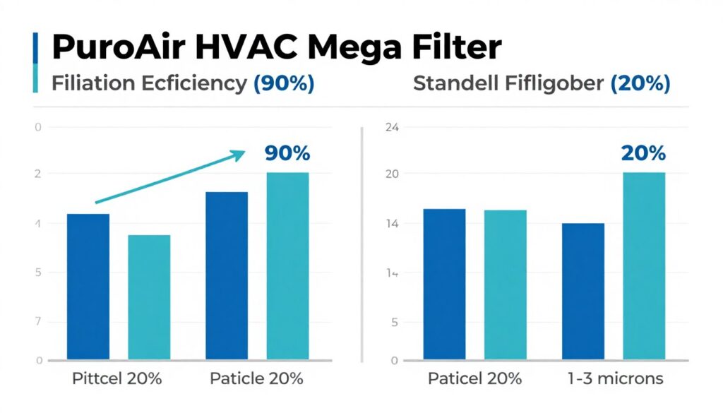 Comparison chart showing PuroAir HVAC Mega Filter's filtration efficiency versus standard filters