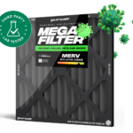 PuroAir HVAC Mega Filter showing its three-layer design with MERV 13 and activated carbon technology
