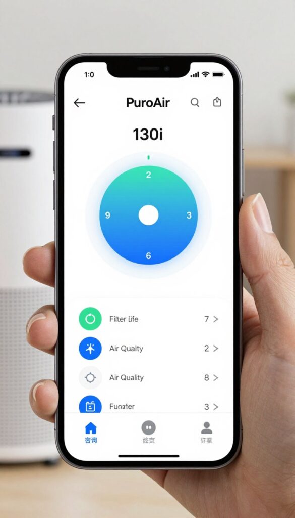 PuroAir mobile app interface showing controls and air quality data